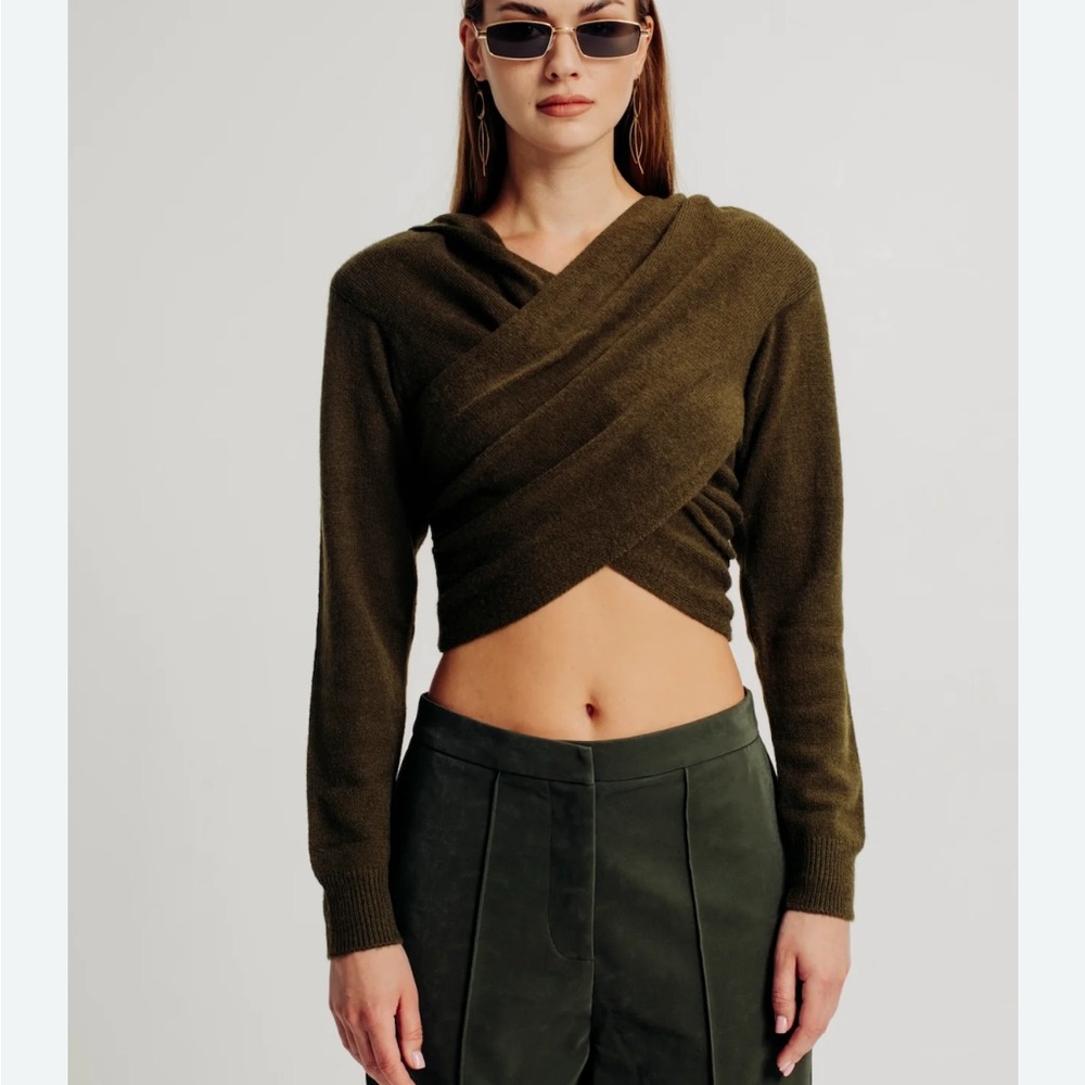 Torn by Ronny Kobo Kiara top Dark Green Wrap front waist length Sweater